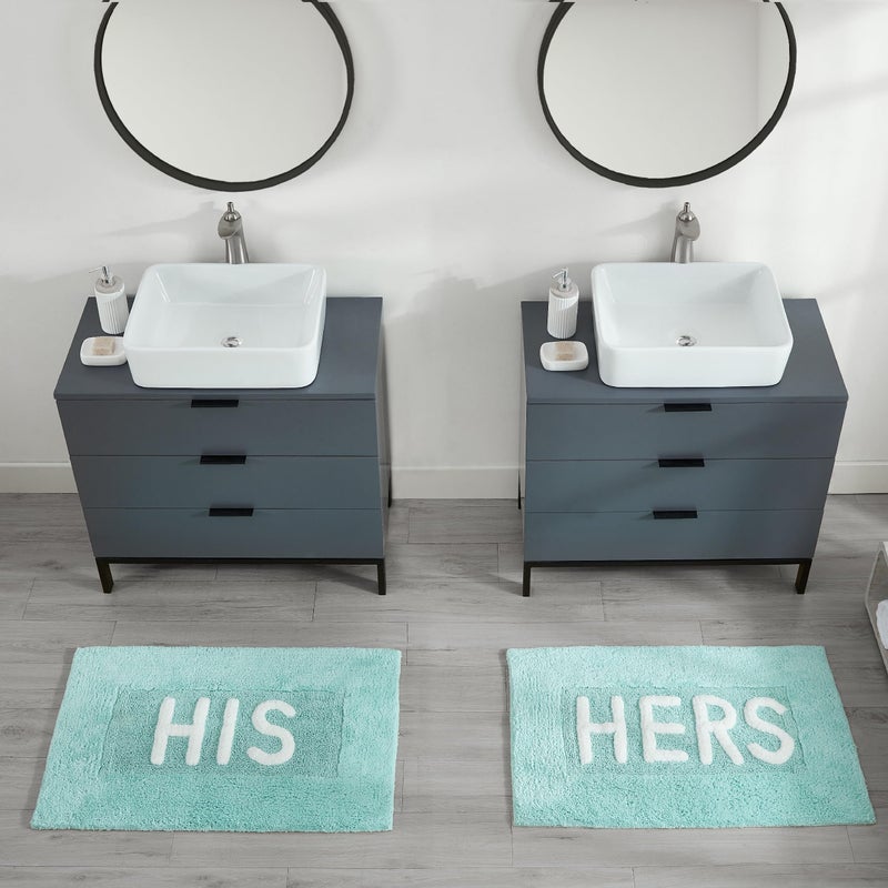 Creative Home Ideas Jean Pierre Cotton 2-Piece Bath Rug Set - Soft Cotton Bath Mat - Bathroom Decor - Water Absorbent and Machine Washable - Measures 20"x32"- "His & Hers"- Aqua Blue - Image 2